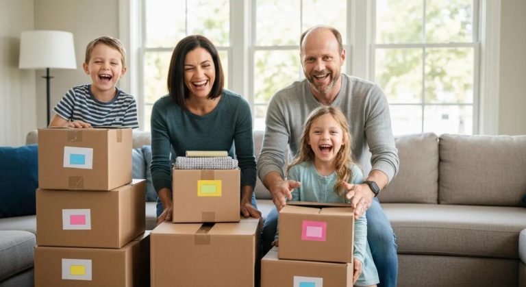 A happy family working together to pack boxes for their move to Raleigh