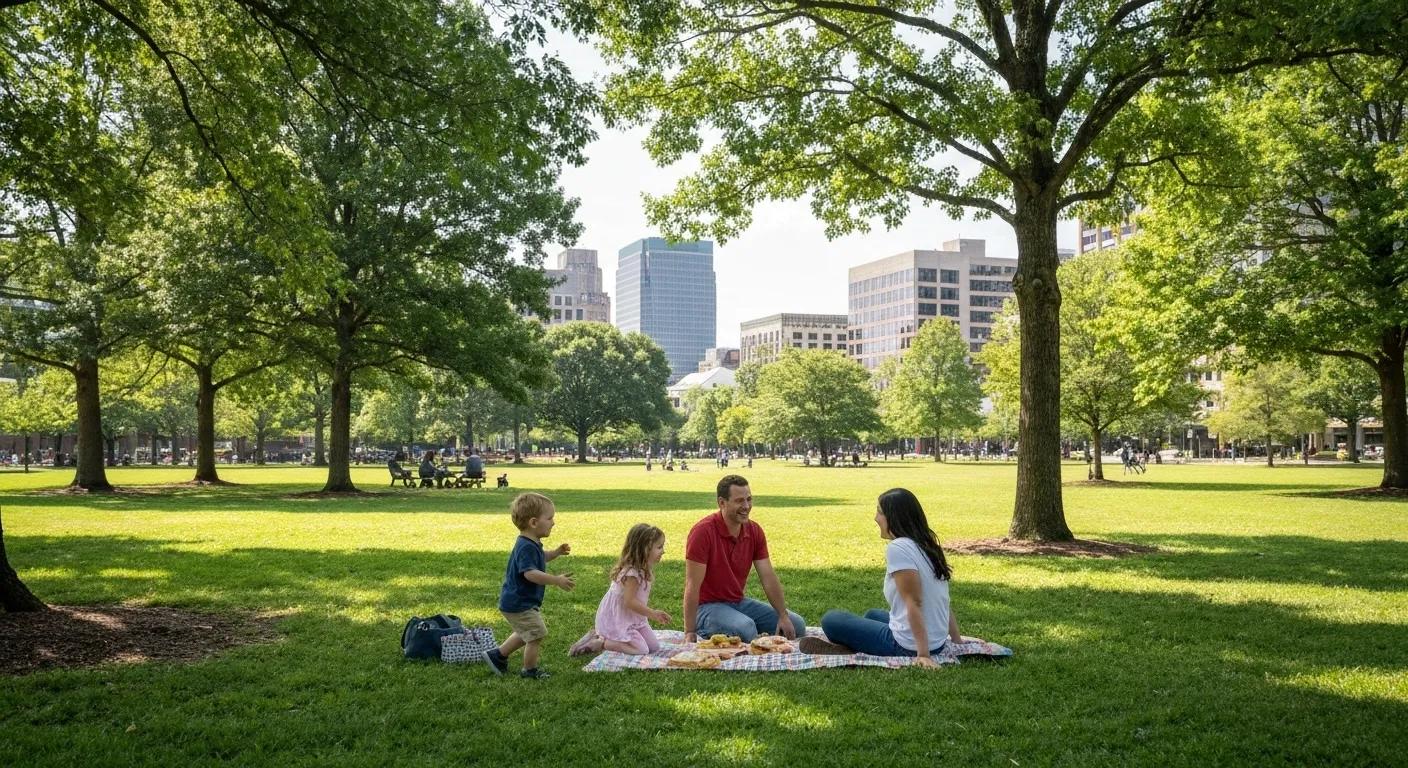 A family enjoying a sunny day at a park in Raleigh, highlighting the city's community atmosphere