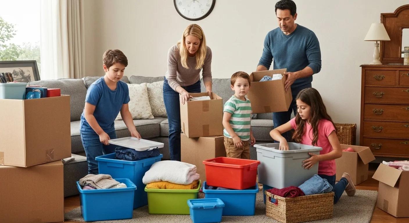 A family sorting their belongings into piles for keeping, donating, or discarding before their move