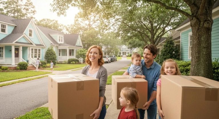 A happy family unloading moving boxes into their new Raleigh home, with a bright, welcoming neighborhood scene in the background