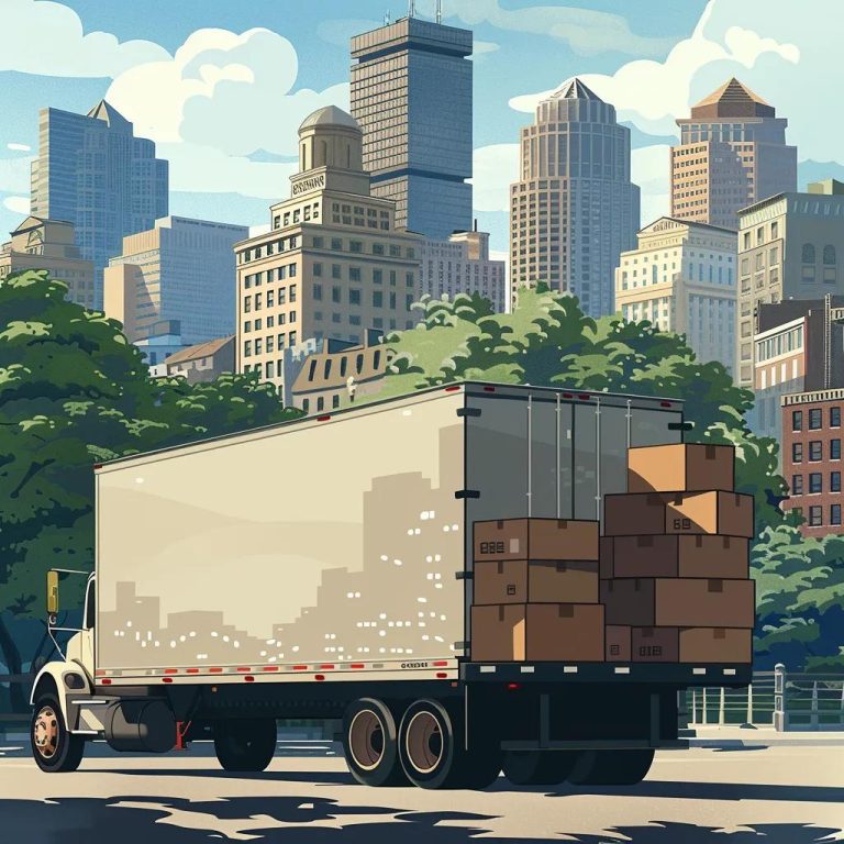 Moving truck loaded with boxes in front of Boston skyline, representing local and long-distance moving