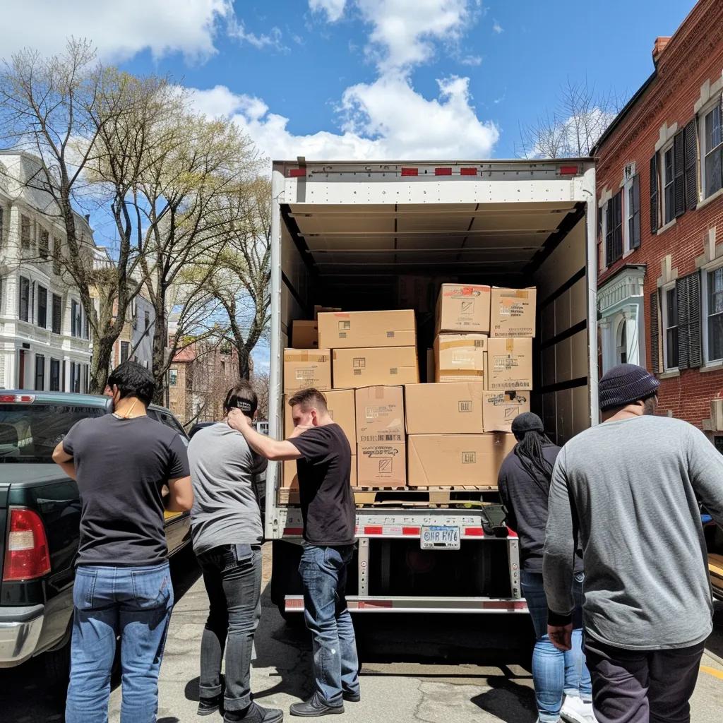 Moving team packing boxes into a truck in a Boston neighborhood, illustrating local moving costs