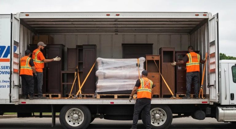 Full-service movers carefully packing and loading furniture into a moving truck for a relocation to Boston