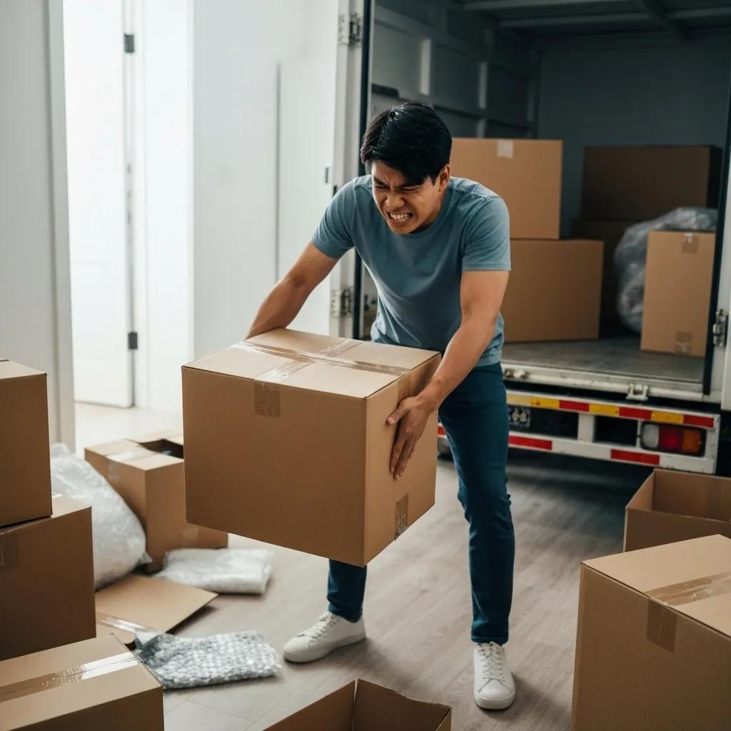 A person struggling to lift heavy boxes during a do-it-yourself moving process